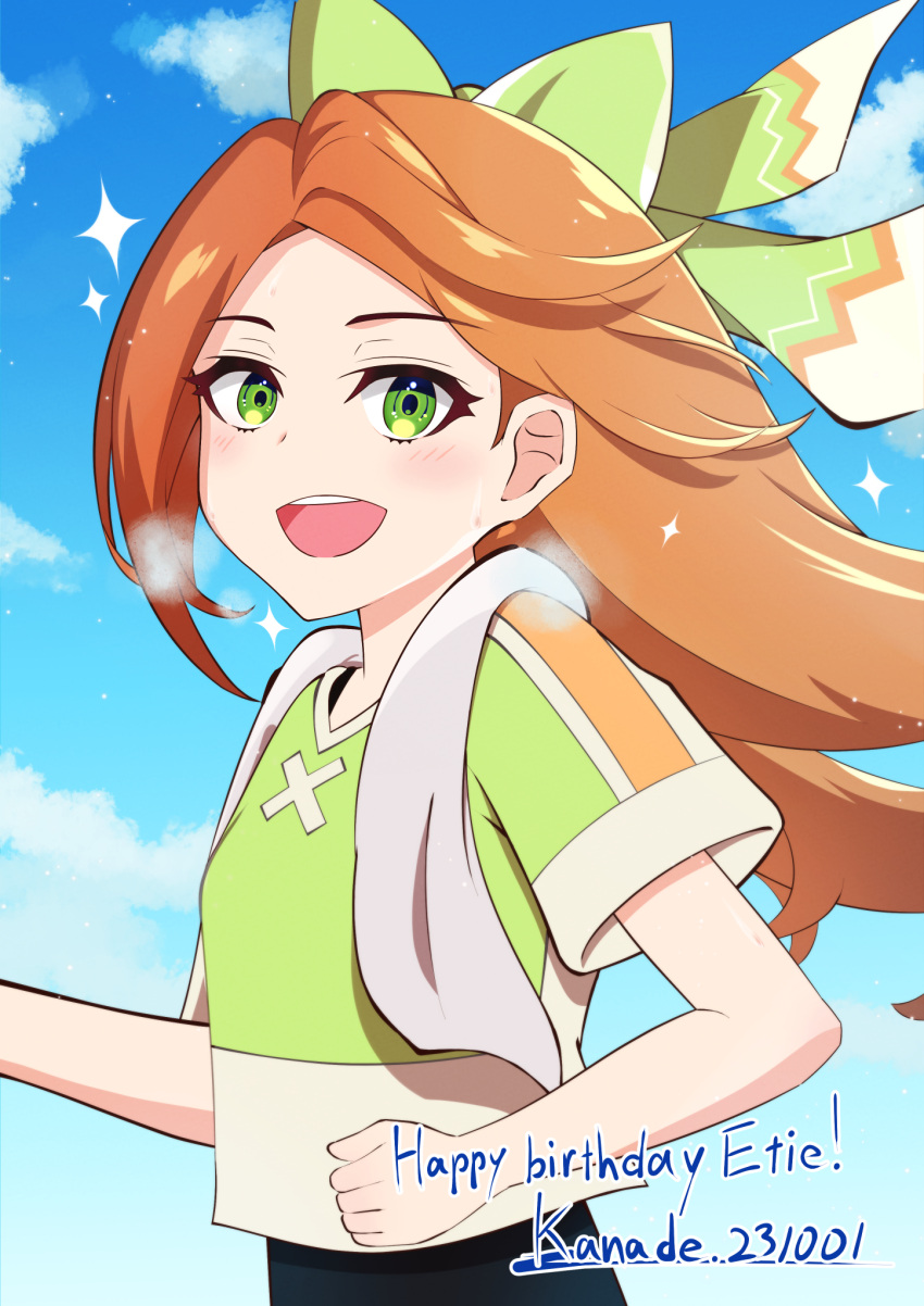 1girl bow crop_top etie_(fire_emblem) fire_emblem fire_emblem_engage green_bow green_eyes green_shirt happy_birthday highres kanade20207 open_mouth orange_hair shirt solo swept_bangs teeth training_outfit_(fire_emblem_engage) upper_teeth_only workout_clothes