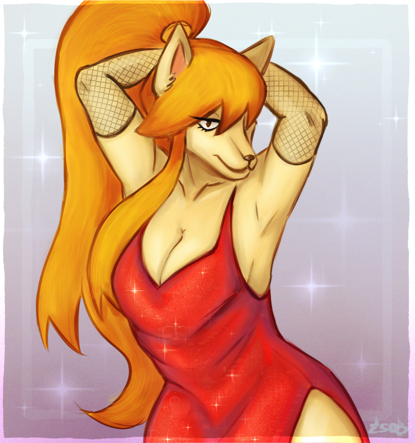 2024 anthro armwear big_breasts breasts canid canine ceroba_(undertale_yellow) cleavage clothed clothing dress elbow_gloves esquire3 female fishnet fishnet_elbow_gloves fishnet_gloves fishnet_handwear fox gloves hair handwear hi_res looking_at_viewer mammal orange_hair ponytail red_clothing red_dress signature solo undertale_yellow