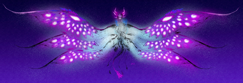 absurdres claws deadpool_yuchan dragon dragon_horns dragon_tail dragon_wings flying full_body glowing glowing_wings gradient_background highres horns monster_hunter_(series) monster_hunter_stories monster_hunter_stories_2 multiple_horns multiple_wings no_humans oltura open_mouth pink_horns purple_background purple_theme sharp_teeth signature solo spikes spread_wings tail teeth wings