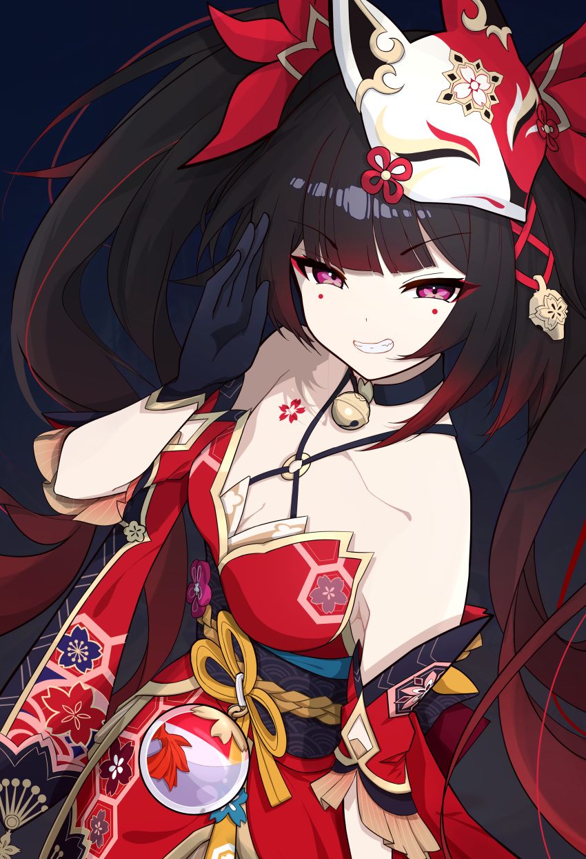 1girl :d absurdres arm_at_side bare_shoulders bell black_choker black_gloves bow breasts brown_hair choker cleavage collarbone cowboy_shot criss-cross_halter dress fox_mask from_side gloves gradient_hair grin hair_bow halterneck hand_up highres honkai:_star_rail honkai_(series) long_hair looking_at_viewer mask mask_on_head medium_breasts multicolored_hair mutsu_aya neck_bell o-ring obi open_mouth pink_eyes red_bow red_dress red_eyes red_hair sash sleeveless sleeveless_dress smile smug solo sparkle_(honkai:_star_rail) teeth twintails
