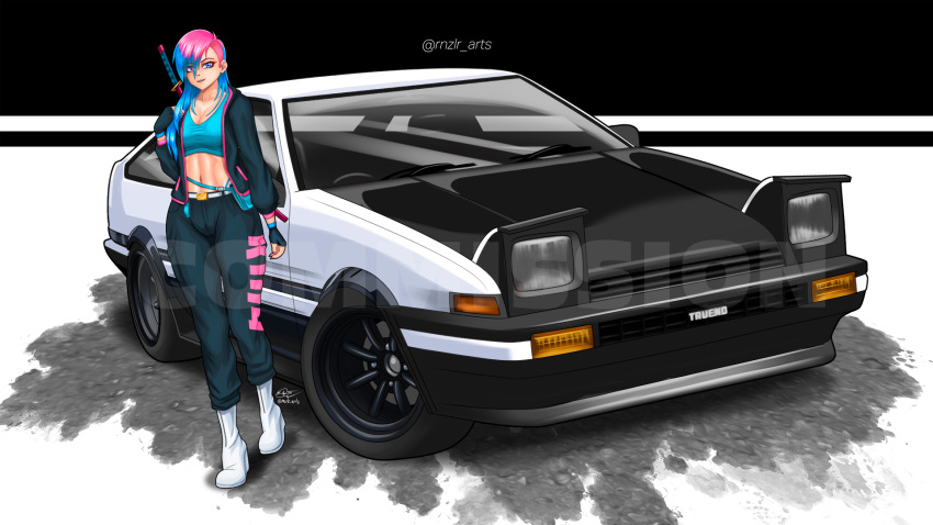 1girl black_gloves black_jacket blue_hair blue_sports_bra boots breasts car colored_tips english_commentary fingerless_gloves fujiwara_takumi's_toyota_trueno_ae86 gloves highres imrinzlergtz_art initial_d jacket katana long_hair looking_at_viewer medium_breasts midriff motor_vehicle multicolored_hair navel original pink_hair shadow signature smile solo sports_bra sword sword_on_back toyota toyota_sprinter_trueno twitter_username vehicle_focus weapon weapon_on_back white_footwear