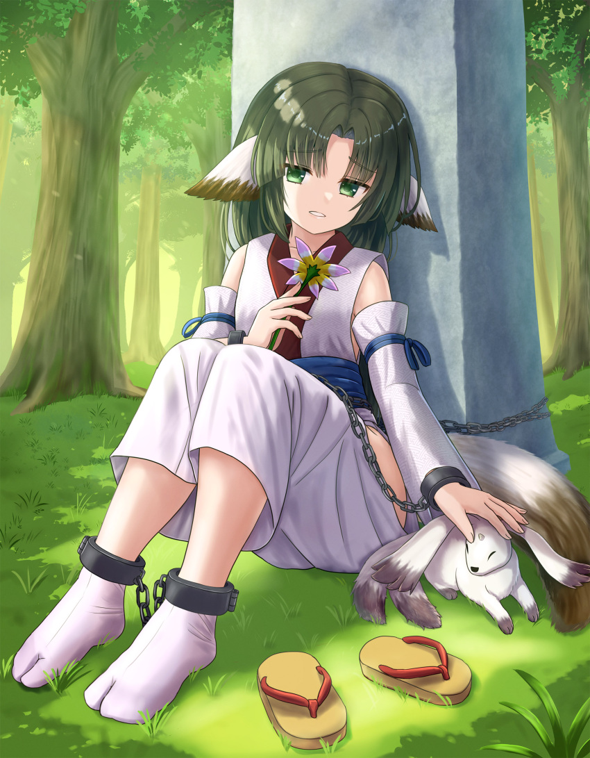 1girl absurdres animal_ears aruruu brown_footwear chain commission cuffs day detached_sleeves flower forest gachatara green_eyes green_hair highres holding holding_flower iroha_(iroha_matsurika) japanese_clothes kimono knees_up long_hair long_sleeves nature obelisk outdoors parted_bangs parted_lips petting pink_flower pixiv_commission sandals solo tabi tree utawarerumono utawarerumono:_itsuwari_no_kamen white_kimono white_sleeves wide_sleeves zouri