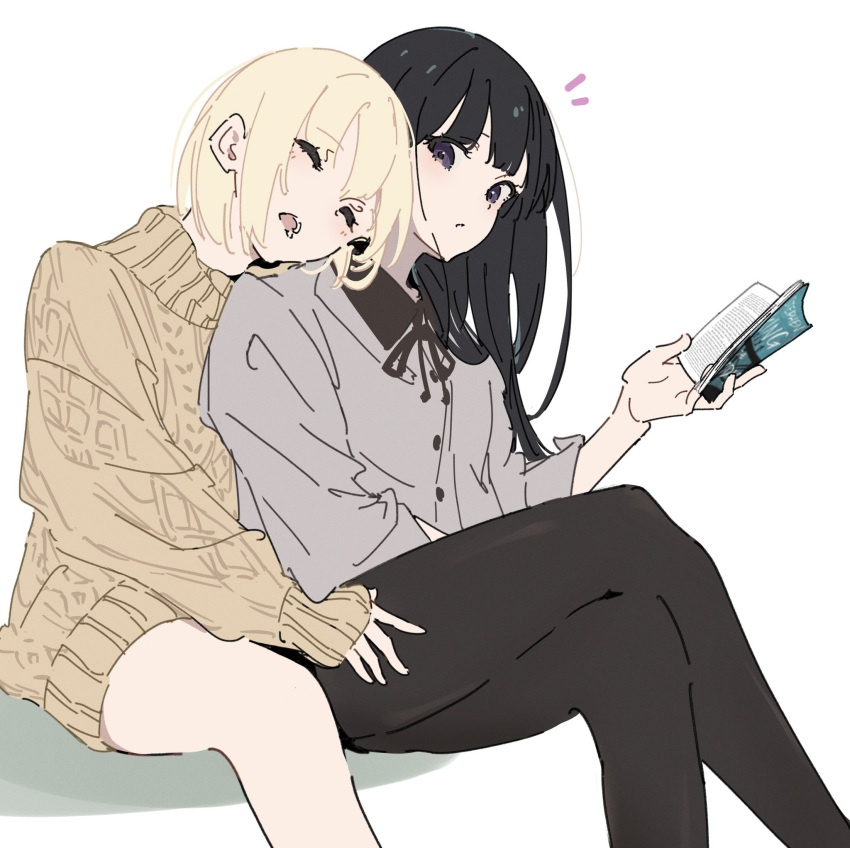 2girls atenaba bare_legs black_hair black_pantyhose blonde_hair book brown_ribbon brown_sweater cable_knit closed_eyes collared_shirt drooling grey_shirt hand_on_another's_shoulder hand_on_another's_thigh highres holding holding_book inoue_takina long_hair long_sleeves lycoris_recoil medium_hair multiple_girls neck_ribbon nishikigi_chisato notice_lines open_mouth pantyhose parted_lips purple_eyes ribbon shirt simple_background sitting sleeping sleeves_past_wrists sweater white_background yuri