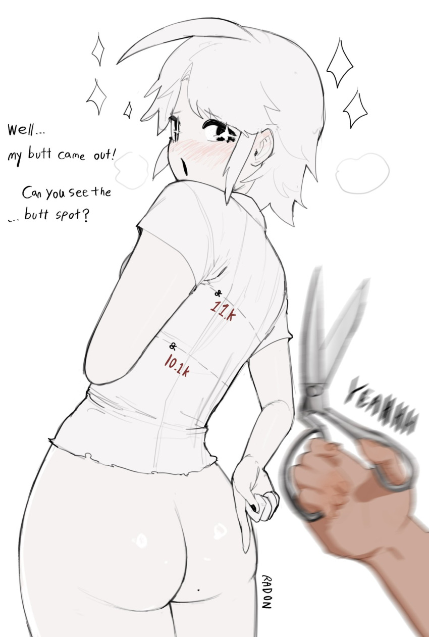 1girl 1other artist_name ass black_eyes blush bottomless collared_shirt colored_skin commentary_request cowboy_shot english_commentary english_text from_behind highres korean_commentary looking_at_viewer meme menchi_(radon86_nya) mixed-language_commentary mole mole_on_ass motion_blur original radon86_nya scissors shirt short_hair short_sleeves simple_background twitter_strip_game_(meme) white_background white_hair white_shirt white_skin