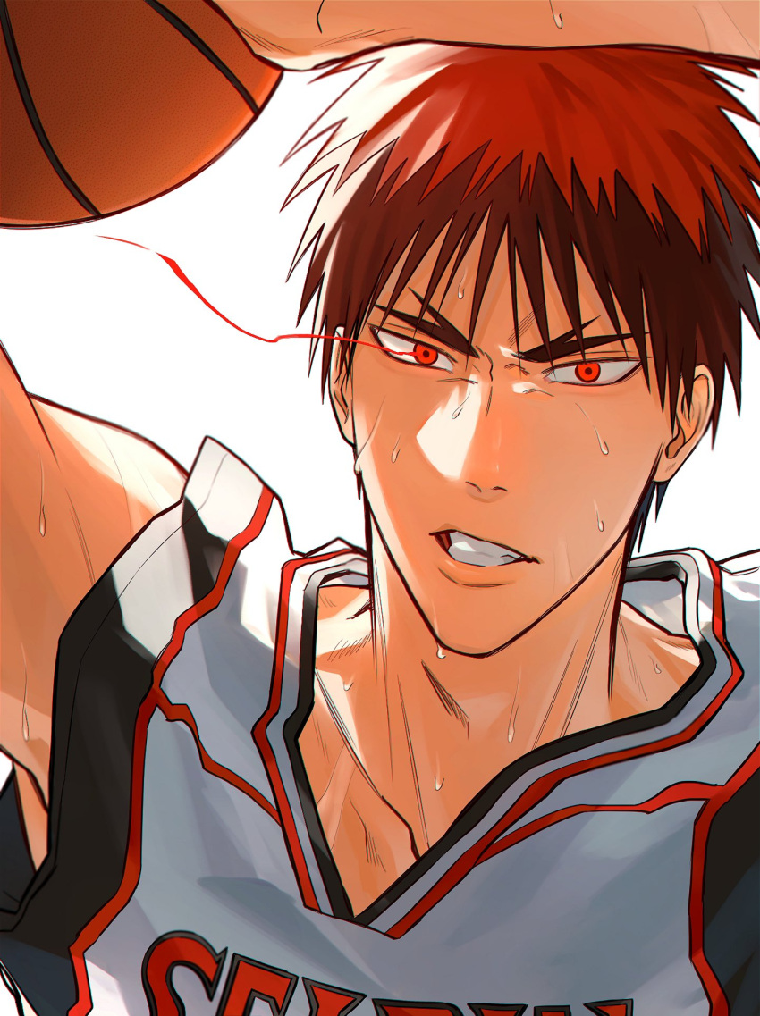 1boy ball basketball_(object) basketball_jersey basketball_uniform highres holding holding_ball kagami_taiga kuroko_no_basuke looking_at_viewer male_focus mirin_(coene65) red_eyes red_hair short_hair sleeveless solo sparks sportswear sweatdrop teeth v-shaped_eyebrows white_background