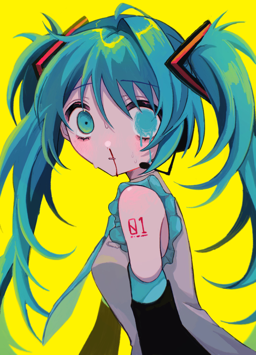 1girl absurdres aqua_eyes aqua_hair aqua_necktie aqua_trim arm_tattoo black_sleeves blood collared_shirt detached_sleeves grey_shirt hair_between_eyes hatsune_miku highres long_hair looking_at_viewer messy_hair necktie nosebleed number_tattoo parted_lips shirt shizumu_(shi_zumu) sleeveless sleeveless_shirt solo sweat tattoo twintails vocaloid yellow_background