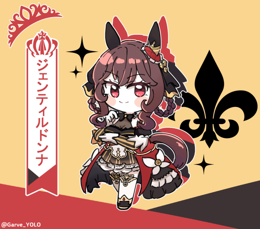 1girl animal_ears bare_shoulders black_bow black_bowtie bow bowtie braid breasts character_name chibi cleavage coat commentary detached_sleeves ear_covers ear_ornament gabeu_(miracle_t) gentildonna_(umamusume) gloves hair_bow hair_ornament horse_ears horse_girl horse_tail long_hair looking_at_viewer off-shoulder_coat off_shoulder red_coat red_eyes see-through smile solo sparkle tail tail_through_clothes thighhighs translation_request twitter_username umamusume wavy_hair white_gloves