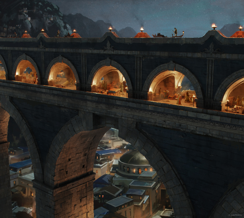 absurdres aqueduct arch bridge city city_lights dome fantasy fire gondola highres mountain multiple_boys multiple_girls night numenor official_art renart rings_of_power rowing scenery table tolkien's_legendarium torch watercraft watermark