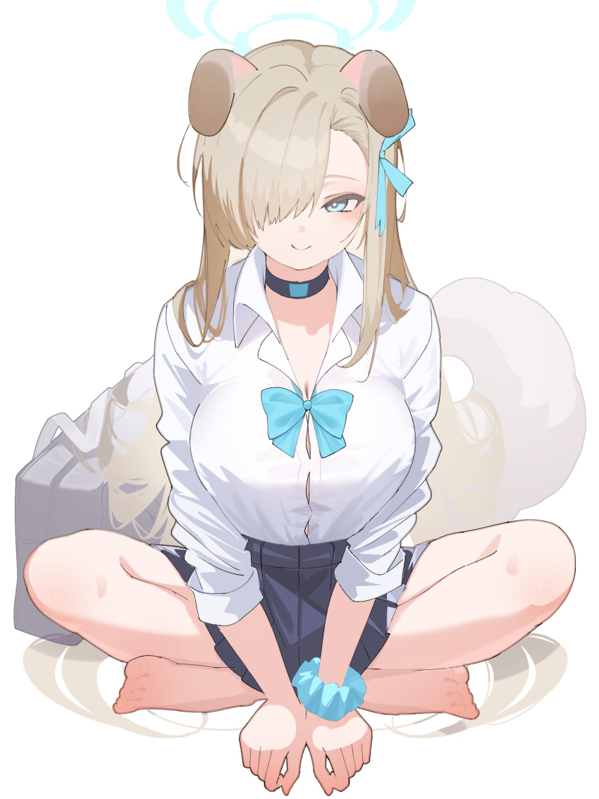 1girl animal_ears asuna_(blue_archive) asymmetrical_bangs bag bare_legs barefoot black_choker black_skirt blue_archive blush breasts button_gap choker commentary_request dog_ears dog_tail hair_over_one_eye halo highres kemonomimi_mode large_breasts light_brown_hair long_hair looking_at_viewer one_eye_covered open_collar pleated_skirt school_bag scrunchie shirt shirt_tucked_in simple_background skirt skirt_rolled_up smile solo tail tatara_(alnath_may) toes very_long_hair white_background white_shirt wrist_scrunchie