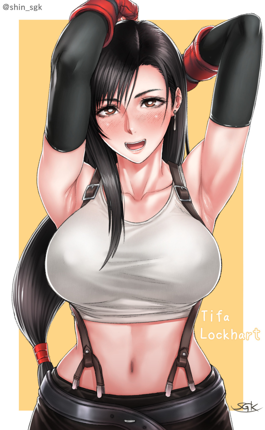 1girl armpits arms_behind_head arms_up black_hair breasts bright_pupils character_name commentary_request crop_top elbow_gloves final_fantasy final_fantasy_vii gloves highres large_breasts long_hair looking_at_viewer low-tied_long_hair midriff navel open_mouth revision sgk smile solo suspenders tifa_lockhart upper_body white_pupils yellow_background