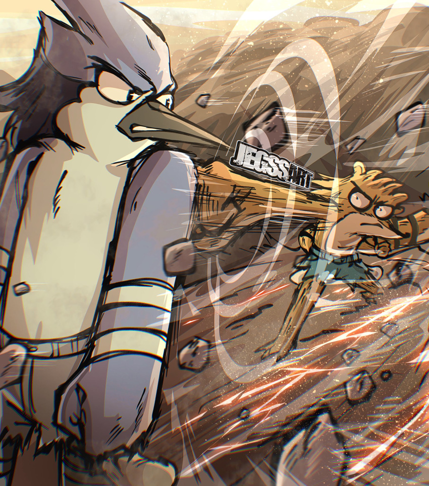 anthro avian bird blue_body blue_feathers blue_jay bottomwear brown_body brown_fur cartoon_network clothed clothing corvid cutoffs denim denim_bottomwear denim_clothing destruction duo eye_contact feathers fight fur hi_res jay_(bird) jegssart looking_at_another male mammal mordecai_(regular_show) motion_lines mullet new_world_jay oscine passerine procyonid punch raccoon regular_show rigby_(regular_show) rock shorts shorts_only topless