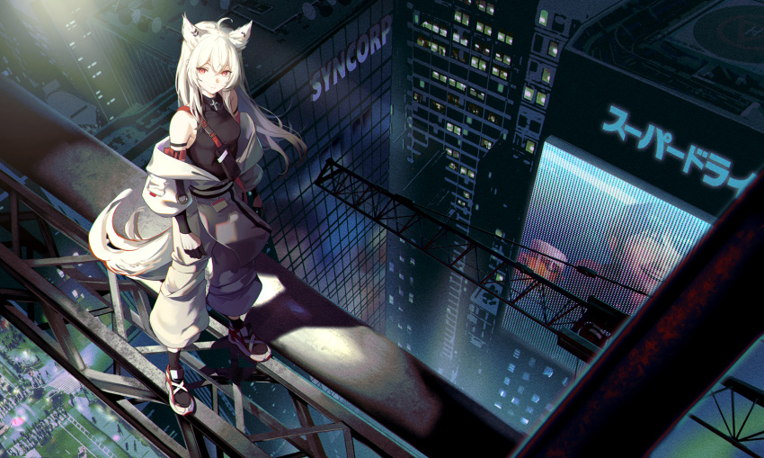 1girl animal_ears black_shirt building cityscape expressionless fox_ears fox_girl fox_tail from_above highres looking_at_viewer neon_lights niac original pants shirt skyscraper solo tail white_hair white_pants