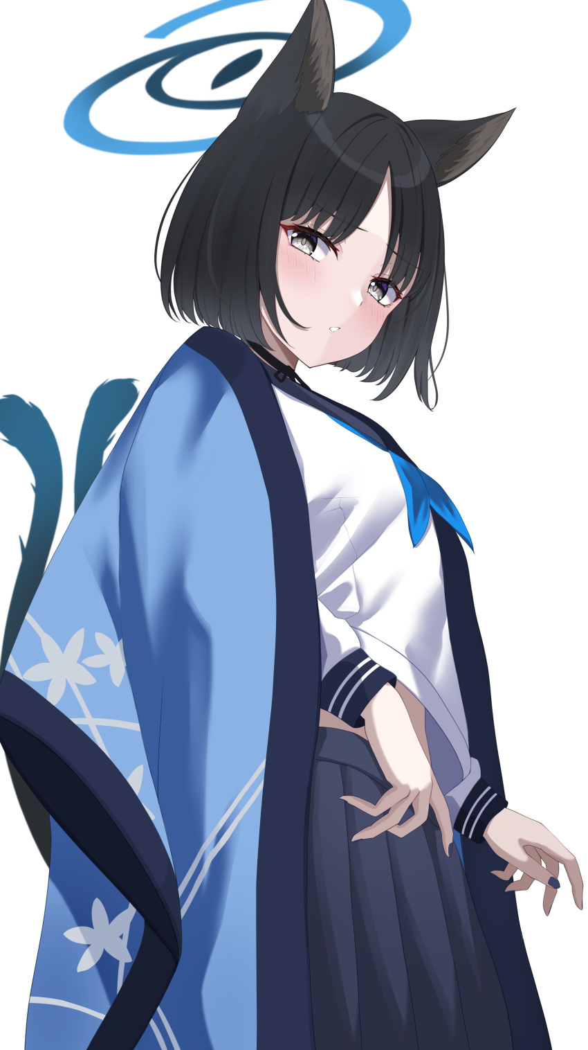 1girl absurdres animal_ears black_eyes black_hair black_nails black_sailor_collar black_skirt blue_archive blue_halo blue_neckerchief blush cat_ears cat_tail fingernails halo haori hibika highres japanese_clothes kikyou_(blue_archive) long_sleeves multiple_tails nail_polish neckerchief parted_lips pleated_skirt sailor_collar school_uniform serafuku short_hair simple_background skirt solo tail two_tails white_background