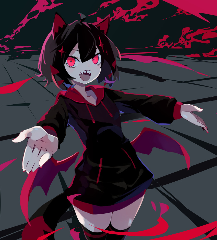1girl absurdres ahoge animal_ears bat_wings black_hair black_thighhighs cat_ears cat_girl cat_tail commission facing_viewer foreshortening hair_between_eyes hantic888 highres hood hoodie legs_together looking_at_viewer low_wings open_mouth outstretched_arms pale_skin pink_eyes pink_nails sharp_teeth short_hair skeb_commission solo sparkle standing tabaru_neko_(vrchat) tail teeth thighhighs upper_body vrchat wings zettai_ryouiki