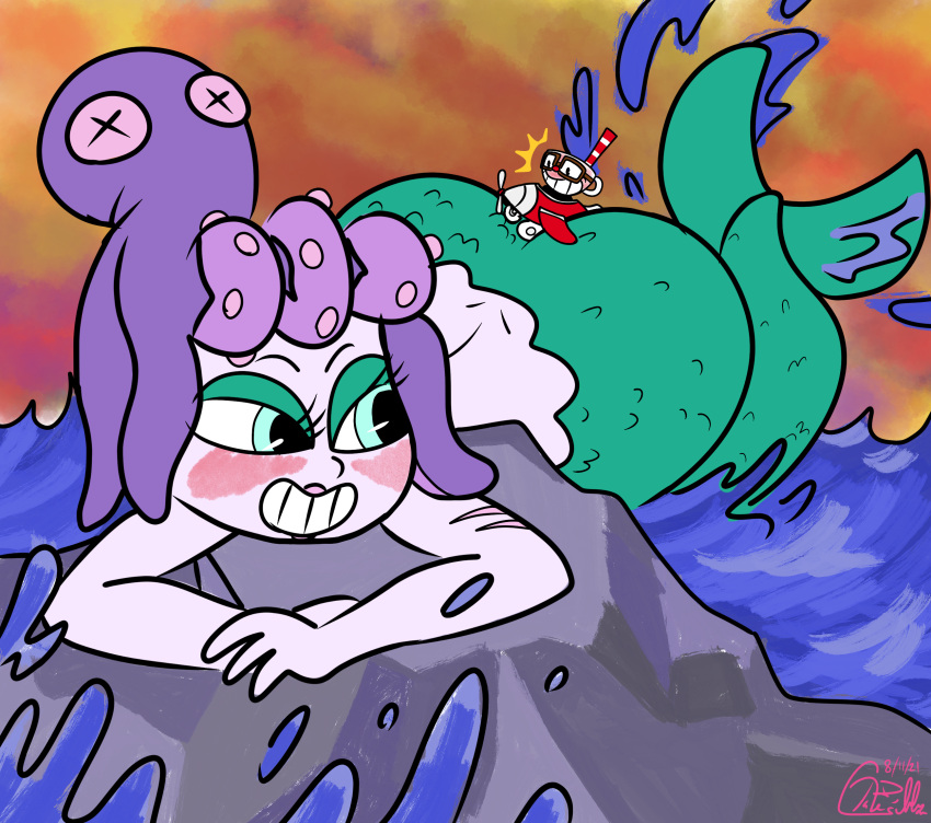 2021 3_fingers aircraft airplane animal_humanoid arm_scar blue_eyes butt butt_focus cala_maria cuphead_(character) cuphead_(game) digital_drawing_(artwork) digital_media_(artwork) duo eyeshadow eyewear female fingers glasses hi_res humanoid lips lipstick looking_back macro makeup male marine marine_humanoid merfolk on_rock partially_submerged pink_lips pink_lipstick pseudo_hair purple_body red_eyewear red_glasses rock saltdg scar sea signature smile split_form striped_straw teal_body teal_eyeshadow teal_scales tentacle_hair tentacles water x_eyes