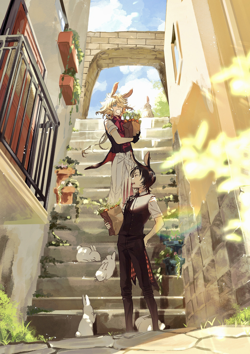 2boys :d absurdres animal_ears arch ascot bag bare_shoulders black_footwear black_gloves black_hair black_pants black_vest blonde_hair blue_eyes blue_sky blush boots bush carrot coattails door flower_pot full_body gloves hair_over_one_eye hair_over_shoulder hakama hakama_pants highres holding holding_bag ichimonji_norimune japanese_clothes kashuu_kiyomitsu knee_boots long_hair male_focus mole mole_under_mouth multiple_boys outdoors pants paper_bag partially_fingerless_gloves planter ponytail rabbit rabbit_boy rabbit_ears red_ascot sky smile stairs standing stone_floor tandem touken_ranbu vest white_hakama window