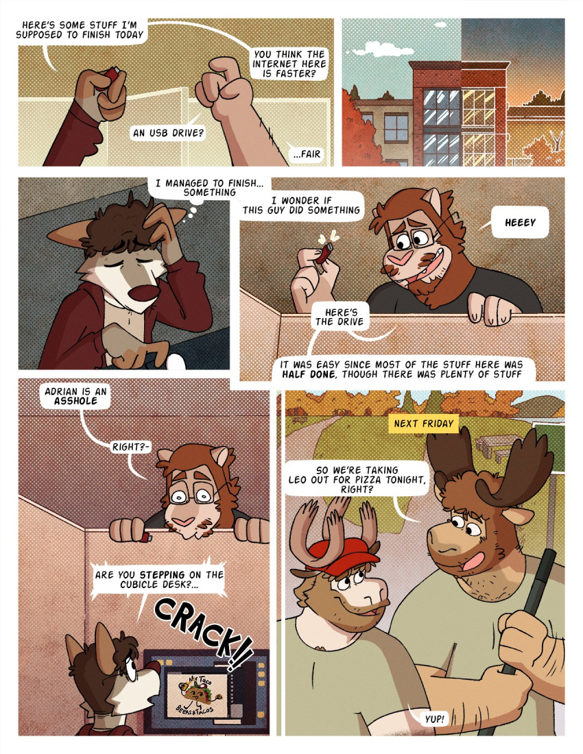 alcohol anthro antlers beard beer bench beverage brown_body brown_fur brown_hair building canid canine canis clothing comic day deer desk dialogue english_text eye_contact eyewear facial_hair food fur furniture glasses grass hair hat headgear headwear hi_res hill hoodie horn leo_(nardodraws) looking_at_another male mammal moose nardodraws new_world_deer night on_desk open_mouth open_smile outside park_bench plant profanity red_clothing red_hat red_headwear rodney_(nardodraws) shirt sitting sky smile sound_effects speech_bubble standing table taco text thought_bubble time_skip tom_(nardodraws) topwear tree usb_stick wolf