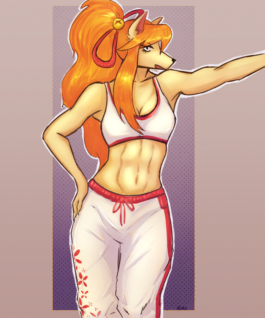 2024 anthro athletic athletic_female bra canid canine ceroba_(undertale_yellow) clothing esquire3 female fox hair hi_res looking_at_viewer mammal navel orange_hair ponytail portrait solo sports_bra sportswear standing three-quarter_portrait undertale_yellow underwear