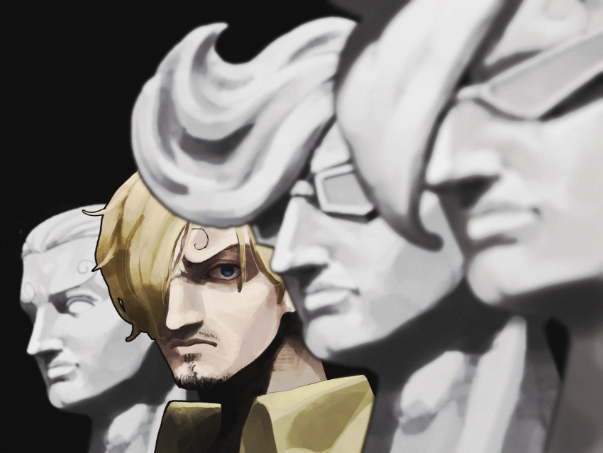 4boys blonde_hair collared_shirt curly_eyebrows facial_hair frown gloom_(expression) goatee highres iam_san3 looking_ahead looking_at_viewer male_focus multiple_boys mustache_stubble one_piece quadruplets sanji_(one_piece) serious shirt short_hair statue stubble sunglasses symbolism upper_body vinsmoke_ichiji vinsmoke_niji vinsmoke_yonji