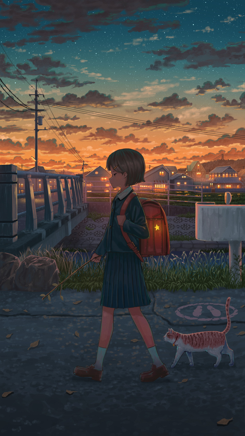 1girl absurdres backpack bag black_jacket black_skirt bridge brown_footwear brown_hair building cat cloud commentary_request evening gradient_sky grass highres holding holding_stick house jacket long_sleeves orange_sky original pasoputi power_lines randoseru red_background road rural scenery school_uniform skirt sky socks star_(sky) stick sunset utility_pole walking white_socks