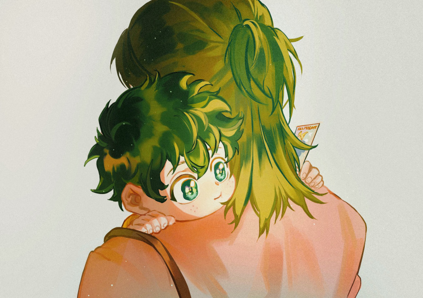 1boy 1girl all_might boku_no_hero_academia bright_pupils carrying child_carry commentary_request freckles from_behind green_eyes green_hair grey_background highres light_particles medium_hair messy_hair midoriya_inko midoriya_izuku moonkie mother_and_son short_hair sidelighting smile upper_body