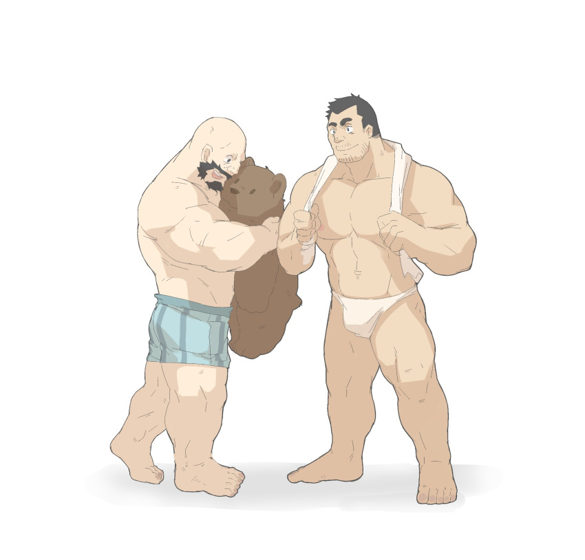 2boys a_zhai_ran_shao_ba_bao_zha_da_mo_wang abs affectionate bald bara beard beard_stubble boxers briefs bulge facial_hair full_beard full_body green_male_underwear happy highres large_pectorals large_teddy_bear male_focus male_underwear mature_male medium_sideburns multiple_boys muscular muscular_male navel original pectorals short_hair standing stomach strongman_waist stubble thick_beard thick_eyebrows topless_male underwear white_male_underwear yaoi