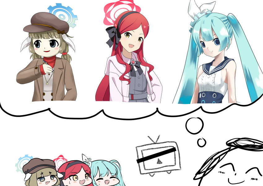 1boy 3girls ^_^ absurdres animal_ears aqua_hair black_eyes black_hairband blue_archive blue_eyes blue_sailor_collar bow brown_hair brown_jacket cabbie_hat calciumin center_frills chibi closed_eyes commentary_request cropped_torso doodle_sensei_(blue_archive) dress frills grey_dress hair_bobbles hair_bow hair_ornament hairband halo hat hatsune_miku highres holding holding_pen idolmaster imagining jacket kei_(keigarou)_(style) long_hair long_sleeves lop_rabbit_ears low_twintails multiple_girls multiple_style_parody niconico official_style open_clothes open_jacket parody parted_bangs pen pink_jacket rabbit_ears red_brooch red_hair red_shirt ringo_(touhou) sailor_collar sensei_(blue_archive) shirt short_twintails sidelocks simple_background sleeveless sleeveless_dress smile style_parody sweatdrop takane_(blue_archive) terebi-chan touhou turtleneck twintails vocaloid vocaloid_boxart_pose wavy_hair white_background white_bow yakumo_(blue_archive) yellow_eyes zun_(style)