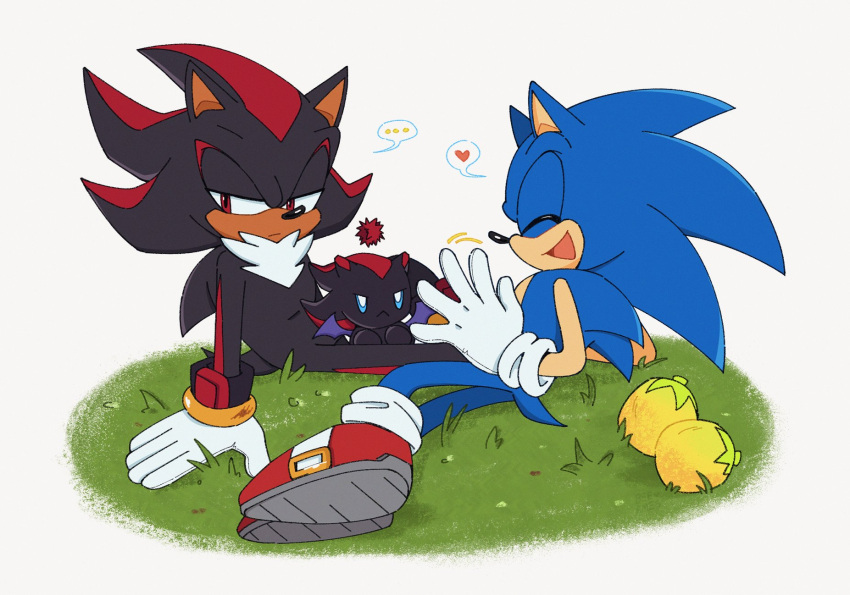 ... 2boys :d ^_^ ame_(beeames) arm_support character_doll closed_eyes closed_mouth commentary english_commentary food frown fruit furry furry_male gloves grass heart hedgehog_boy highres lying male_focus multiple_boys on_side open_mouth red_eyes red_footwear shadow_the_hedgehog shoes simple_background smile sonic_(series) sonic_the_hedgehog speech_bubble spoken_ellipsis spoken_heart white_background white_gloves