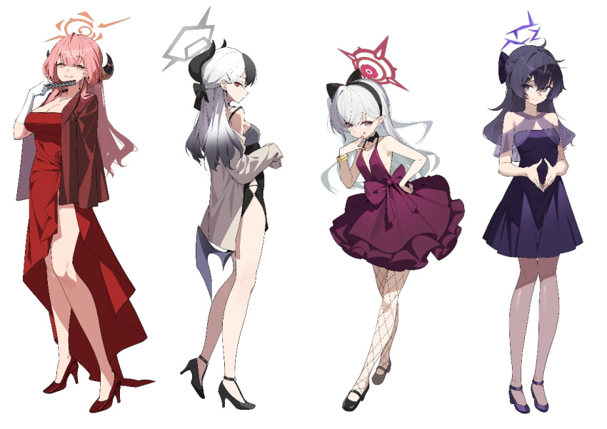 aru_(blue_archive) aru_(dress)_(blue_archive) black_dress black_footwear black_hair black_horns blue_archive brown_horns closed_mouth coat deatheach demon_horns dress ear_piercing earrings full_body grey_hair grey_halo grey_jacket hair_between_eyes halo haruka_(blue_archive) haruka_(dress)_(blue_archive) high_heels horns jacket jewelry kayoko_(blue_archive) kayoko_(dress)_(blue_archive) long_hair long_sleeves looking_at_viewer multicolored_hair official_alternate_costume open_clothes open_jacket open_mouth piercing pink_hair purple_dress purple_eyes purple_footwear purple_hair purple_halo red_coat red_dress red_eyes red_footwear simple_background smile strapless strapless_dress white_background yellow_eyes