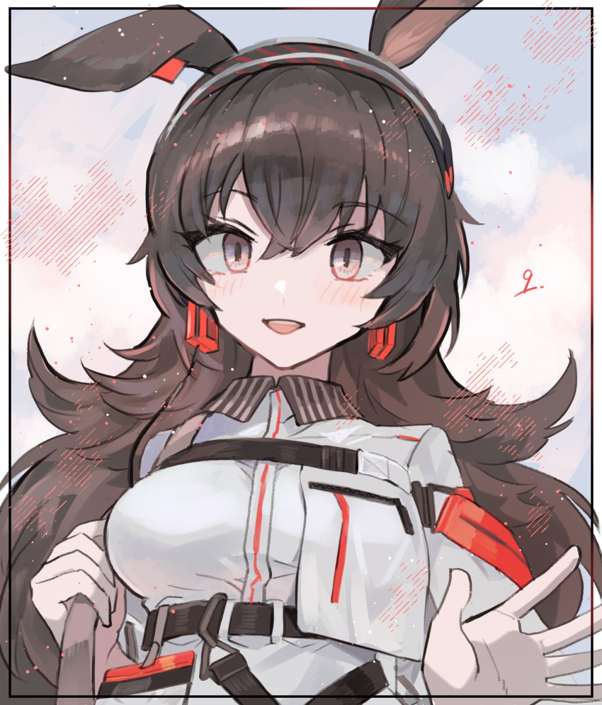 1girl :d animal_ears april_(arknights) arknights black_hairband blush breasts brown_eyes brown_hair commentary gloves hair_between_eyes hairband hands_up highres jacket long_hair looking_at_viewer medium_breasts noshima rabbit_ears smile solo upper_body white_gloves white_jacket