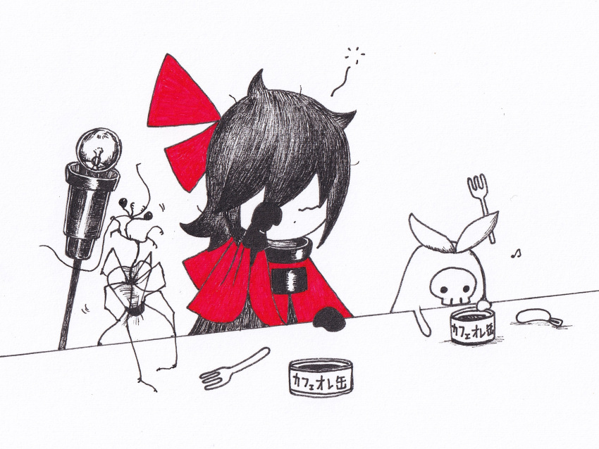 1girl ballpoint_pen_(medium) can canned_food capelet chibi closed_eyes creature dress fork gloves greyscale hair_ribbon hand_up highres hino_(yatara) light_bulb mask messy_hair moni_moni_skeleton_(yatara) monochrome musical_note no_mouth original reaching red_capelet red_ribbon ribbon rubbing_eyes short_hair simple_background skull_mask sleepy solid_circle_eyes spot_color squeans staff table traditional_media wavy_eyes yatara