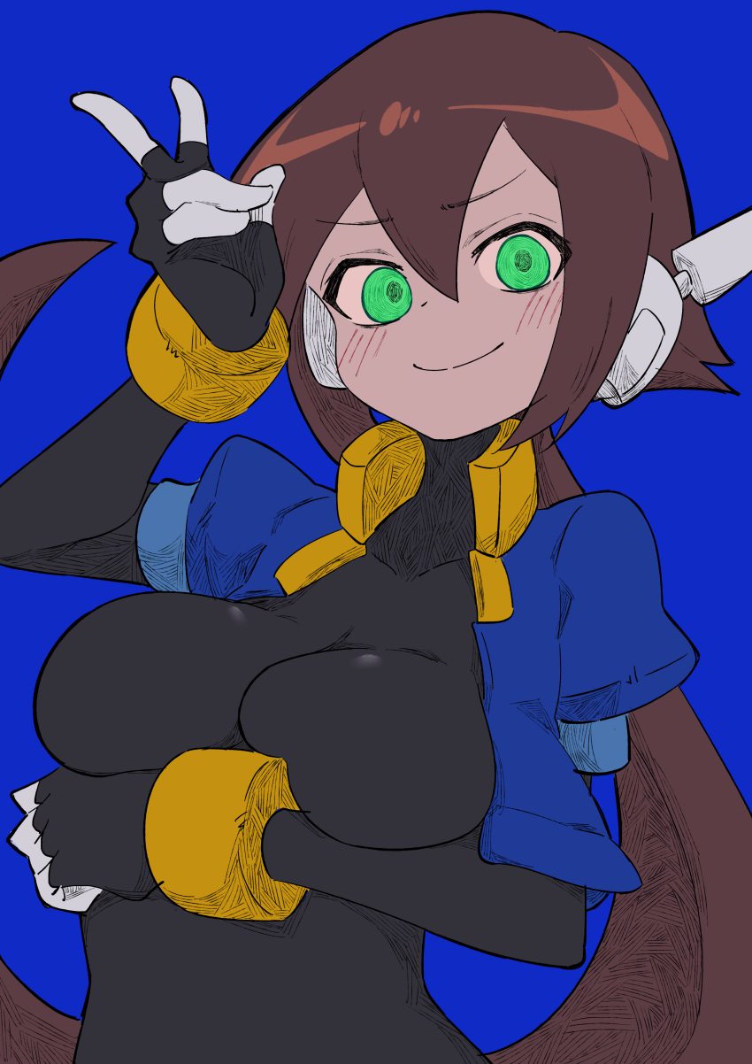 1girl absurdres aile_(mega_man_zx) arm_under_breasts black_bodysuit blue_background blue_jacket bodysuit bodysuit_under_clothes breasts brown_hair buzzlyears cropped_jacket green_eyes highres jacket large_breasts long_hair looking_at_viewer mega_man_(series) mega_man_zx mega_man_zx_advent open_clothes open_jacket ponytail simple_background solo upper_body v