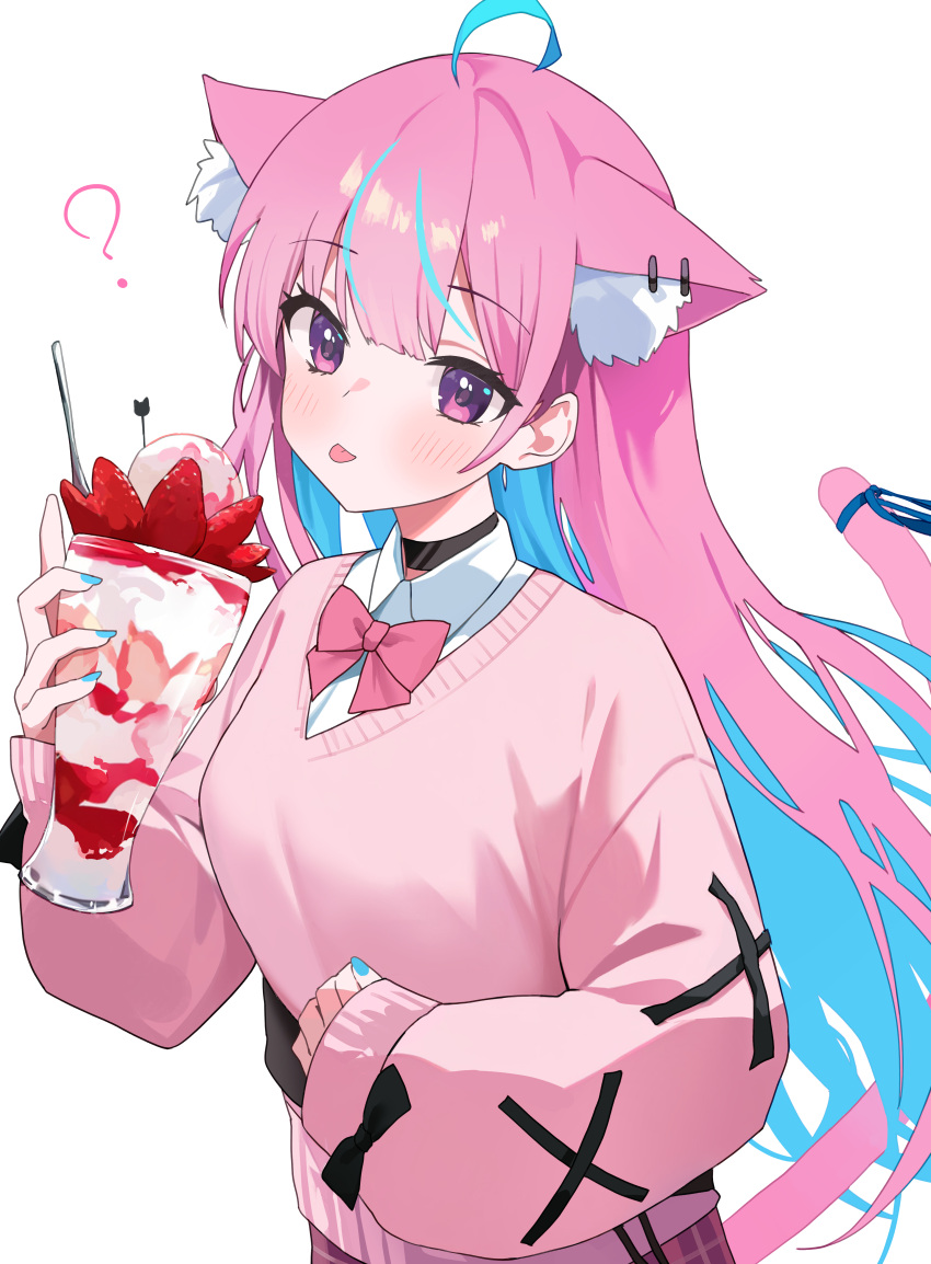 1girl ? absurdres ahoge animal_ear_fluff animal_ear_piercing animal_ears black_choker blue_hair blue_nails blush bow bowtie cardigan cat_ears cat_tail choker colored_inner_hair cup fingernails hand_up highres holding holding_cup hololive long_fingernails long_hair long_sleeves looking_at_viewer minato_aqua multicolored_hair nail_polish nel_dcm parfait pink_bow pink_bowtie pink_cardigan pink_hair plaid plaid_skirt purple_eyes shirt simple_background skirt solo tail tongue tongue_out upper_body very_long_hair virtual_youtuber white_background white_shirt