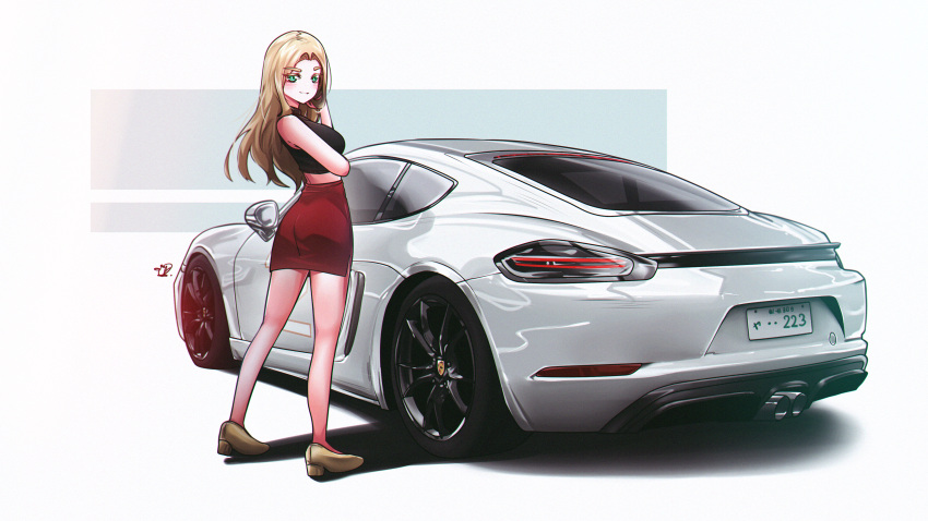 1girl absurdres agnes_beckenbauer ass blonde_hair breasts brown_footwear car cropped_shirt from_behind green_eyes hand_in_own_hair highres long_hair looking_at_viewer medium_breasts mf_ghost mizzterbii motor_vehicle pencil_skirt porsche porsche_cayman red_skirt shadow signature skirt smile solo sports_car vehicle_focus