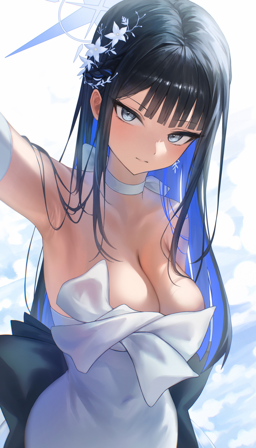 1girl absurdres arm_up black_hair blue_archive blue_eyes blue_halo breasts choker cleavage closed_mouth colored_inner_hair commentary_request covered_navel dress earrings elbow_gloves expressionless gloves halo highres jewelry large_breasts long_hair looking_at_viewer multicolored_hair nanimonine9 official_alternate_costume saori_(dress)_(blue_archive) selfie simple_background solo strapless strapless_dress white_choker white_dress white_gloves