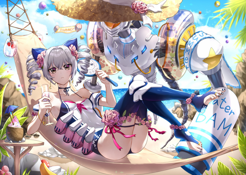 1girl alcohol beach black_nails blue_one-piece_swimsuit blue_sky blue_thighhighs breasts bronya_zaychik champagne champagne_flute closed_mouth cloud cloudy_sky cup drill_hair drinking_glass food full_body grey_eyes grey_hair hair_ornament hammock hand_fan hm_(wonhml) holding holding_cup holding_fan honkai_(series) honkai_impact_3rd ice_cream looking_at_viewer nail_polish one-piece_swimsuit outdoors project_bunny sand sky small_breasts solo summer swimsuit table thighhighs toeless_legwear toenail_polish toenails toes twin_drills two-tone_one-piece_swimsuit water white_one-piece_swimsuit