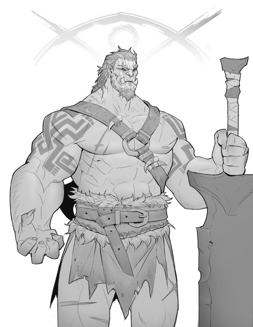 1boy abs absurdres bara barbarian bare_pectorals beard earrings facial_hair fingernails goatee greatsword greyscale highres jewelry large_hands large_pectorals looking_ahead mature_male medium_hair monochrome monster_boy muscular muscular_male nipples o-ring o-ring_top orc original pectorals planted planted_sword pointy_ears sharp_fingernails solo sparse_arm_hair standing strongman_waist sword thick_beard thick_eyebrows tusks weapon yuchao_wang