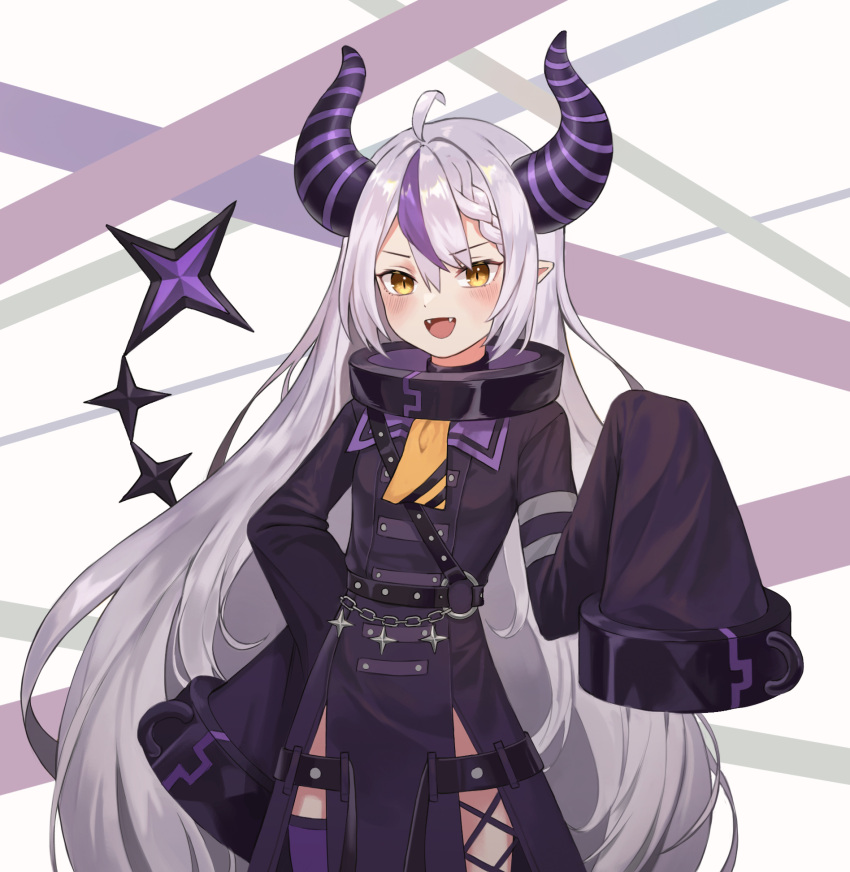 1girl ahoge ascot belt blush braid braided_bangs collar commentary cross-laced_slit dress fangs grey_hair hand_on_own_hip highres hololive horns la+_darknesss long_hair looking_at_viewer metal_collar multicolored_hair open_mouth pointy_ears prock purple_hair single_thighhigh sleeves_past_wrists smile solo streaked_hair thighhighs v-shaped_eyebrows very_long_hair yellow_eyes