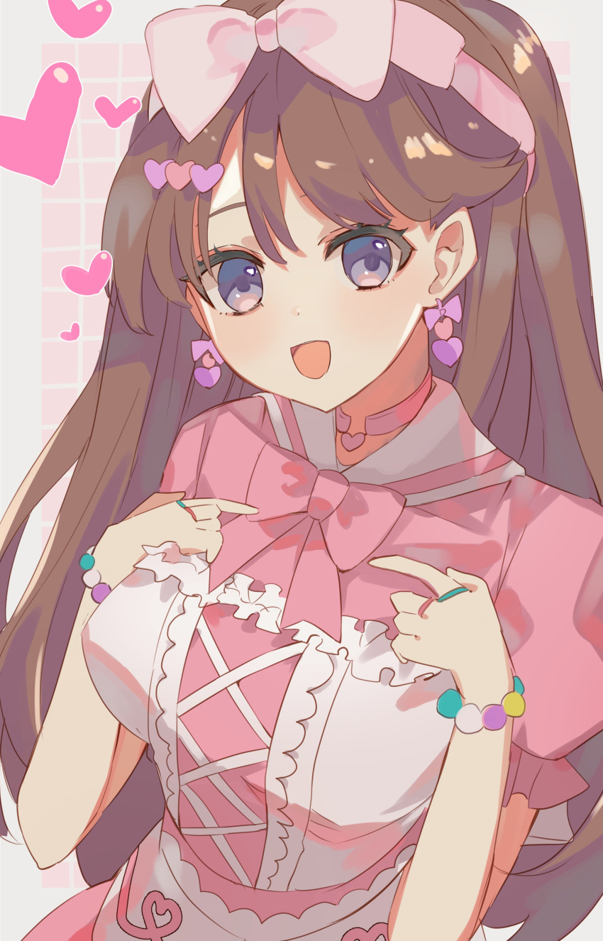 1girl :d absurdres bead_bracelet beads bow bow_earrings bowtie bracelet breasts brown_hair choker commentary cross-laced_clothes cross-laced_dress dress earrings eyebrows_hidden_by_hair fujishima_megumi grid_background hair_bow hair_ornament hairband halterneck hands_on_own_chest heart heart_choker heart_earrings heart_hair_ornament highres jewelry large_breasts link!_like!_love_live! long_hair looking_at_viewer love_live! nagisa_iori parted_bangs pink_bow pink_bowtie pink_dress pink_hairband purple_eyes smile solo