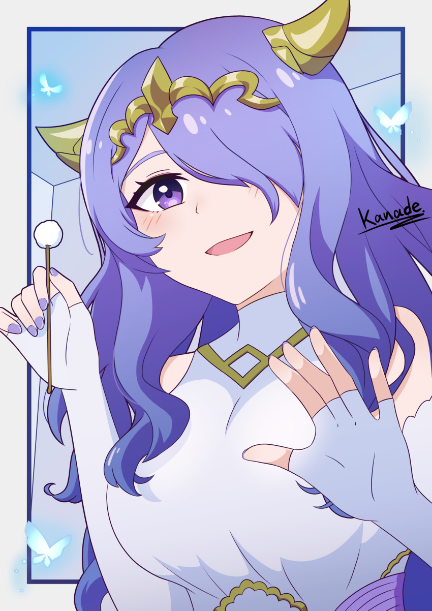 bug butterfly camilla_(adrift)_(fire_emblem) camilla_(fire_emblem) dress elbow_gloves fingerless_gloves fire_emblem fire_emblem_fates fire_emblem_heroes gloves gold_horns hair_over_one_eye highres kanade20207 official_alternate_costume purple_eyes purple_hair tiara wavy_hair white_dress