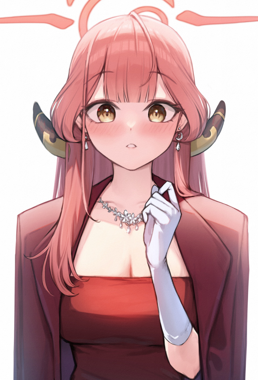 1girl :o absurdres aru_(blue_archive) aru_(dress)_(blue_archive) blue_archive blush breasts cleavage coat coat_on_shoulders demon_horns dress earrings gloves halo highres horns jewelry large_breasts looking_at_viewer necklace official_alternate_costume pink_hair qoray7 red_coat red_dress simple_background solo upper_body white_background white_gloves