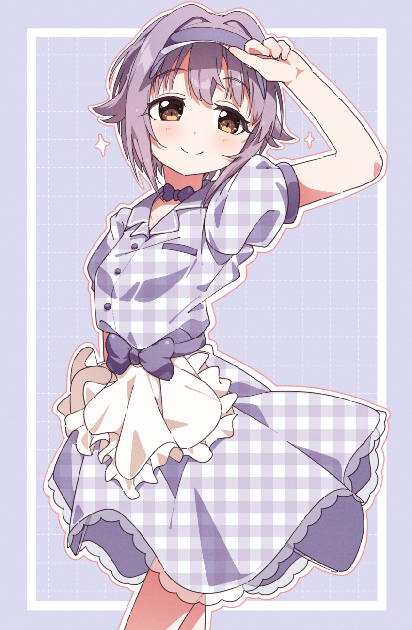 1girl apron blush dress frilled_apron frills grid_background hair_intakes hand_on_headwear highres idolmaster idolmaster_cinderella_girls koshimizu_sachiko looking_at_viewer patterned_clothing plaid plaid_dress puffy_short_sleeves puffy_sleeves purple_eyes short_hair short_sleeves smile solo sparkle visor_cap waist_apron white_apron yairo_ju