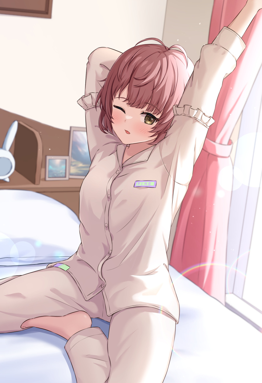 1girl absurdres alarm_clock arm_behind_head arm_up barefoot bed bedroom blush brown_hair buttons clock commentary_request commission curtains highres idolmaster idolmaster_shiny_colors ikuta_haruki indoors long_sleeves looking_at_viewer on_bed one_eye_closed pajamas parted_lips picture_frame pillow short_hair sitting skeb_commission solo tenpa_(tenpa2190) waking_up white_pajamas window