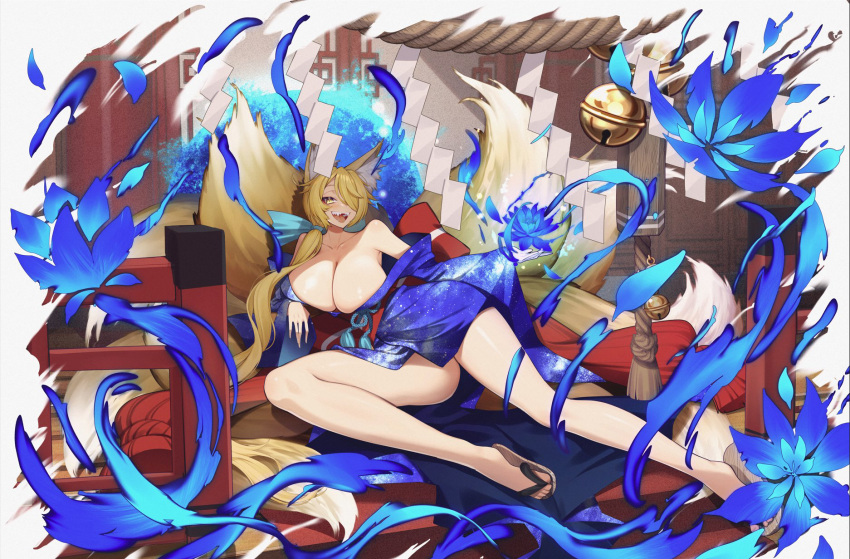 1girl animal_ear_fluff animal_ears aqua_ribbon bare_legs bell blonde_hair blue_flower blue_petals breasts cleavage cluseller collarbone commission flower fox_girl hair_over_one_eye hair_ribbon highres kitsune kyuubi large_breasts long_hair multiple_tails off_shoulder open_mouth original ribbon sandals sharp_teeth skeb_commission solo tail teeth yellow_eyes yellow_tail zouri