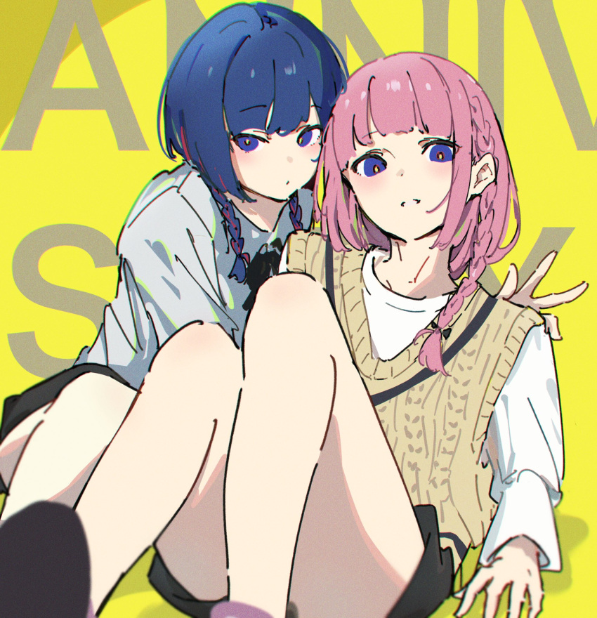 2girls atenaba bare_legs black_bow black_bowtie black_shorts blue_eyes blue_hair bow bowtie braid brown_sweater_vest cable_knit closed_mouth collared_shirt commentary english_text hand_on_another's_shoulder hashtag_only_commentary highres kaf_(kamitsubaki_studio) kamitsubaki_studio long_sleeves looking_at_viewer multicolored_hair multiple_girls parted_lips pink_hair red_hair ribbed_sweater rim_(kamitsubaki_studio) school_uniform shirt shorts side_braid sitting streaked_hair sweater sweater_vest twin_braids white_shirt yellow_background yellow_pupils