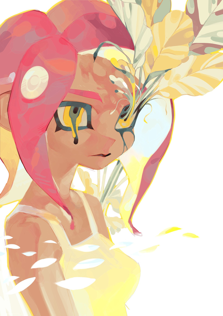 1girl absurdres bare_shoulders breasts dark-skinned_female dark_skin highres korean_commentary leejcantdecide long_hair medium_breasts melting melting_eyes octoling octoling_girl octoling_player_character pink_hair plant simple_background solo splatoon_(series) suction_cups tentacle_hair upper_body white_background yellow_eyes