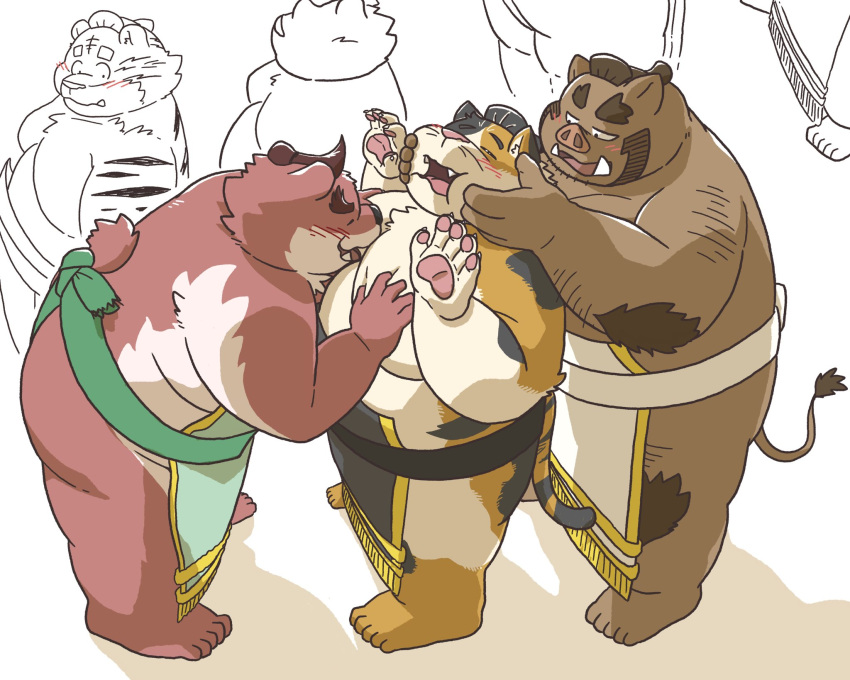 2024 anthro asian_clothing bear belly big_belly blush brown_body clothing east_asian_clothing felid group hi_res hon55728 japanese_clothing kemono male male/male mammal mawashi moobs overweight overweight_male pantherine suid suina sumo sumo_wrestler sus_(pig) tiger wild_boar