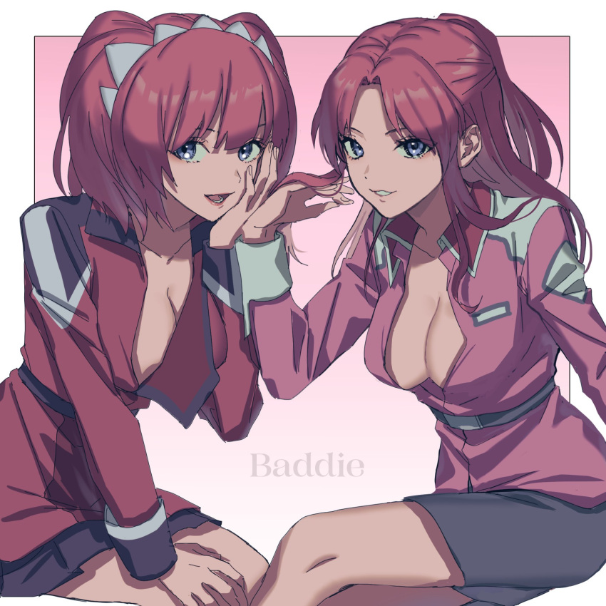 2girls agnes_giebenrath black_skirt blue_eyes breasts flay_allster gundam gundam_seed gundam_seed_freedom hair_ornament highres jacket large_breasts lipstick long_hair looking_at_viewer makeup military military_uniform multiple_girls open_clothes open_jacket open_mouth oyu_de_toku pink_hair pleated_skirt purple_eyes red_hair sitting skirt smile twintails uniform voice_actor_connection