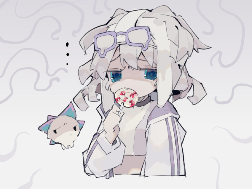 ... 1girl arm_at_side blue_eyes candy covered_mouth creature crop_top cropped_torso eyewear_on_head food gradient_background grey_hair holding holding_candy holding_food holding_lollipop hood hood_down hoodie jitome lollipop long_sleeves looking_at_viewer medium_hair nep_(nep_76) open_clothes open_hoodie original purple-framed_eyewear shaded_face solo swirl_lollipop teardrop-framed_glasses white_hoodie