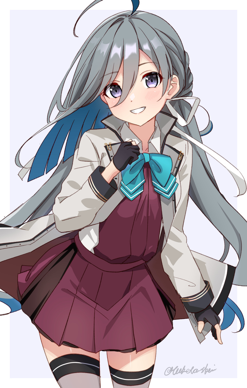 1girl absurdres ahoge aqua_bow aqua_bowtie black_gloves blue_hair blush bow bowtie coat colored_inner_hair cowboy_shot dress gloves grey_coat grey_eyes grey_hair grey_thighhighs grin highres kantai_collection kiyoshimo_(kancolle) kiyoshimo_kai_ni_(kancolle) long_hair long_sleeves looking_at_viewer low_twintails multicolored_hair open_clothes open_coat partially_fingerless_gloves pleated_dress purple_dress smile solo thighhighs toketa-sekai twintails twitter_username